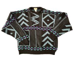 Rare VTG 80s Geo knit wool blnd sweater Med Tall M coogi style Italy grandpacore